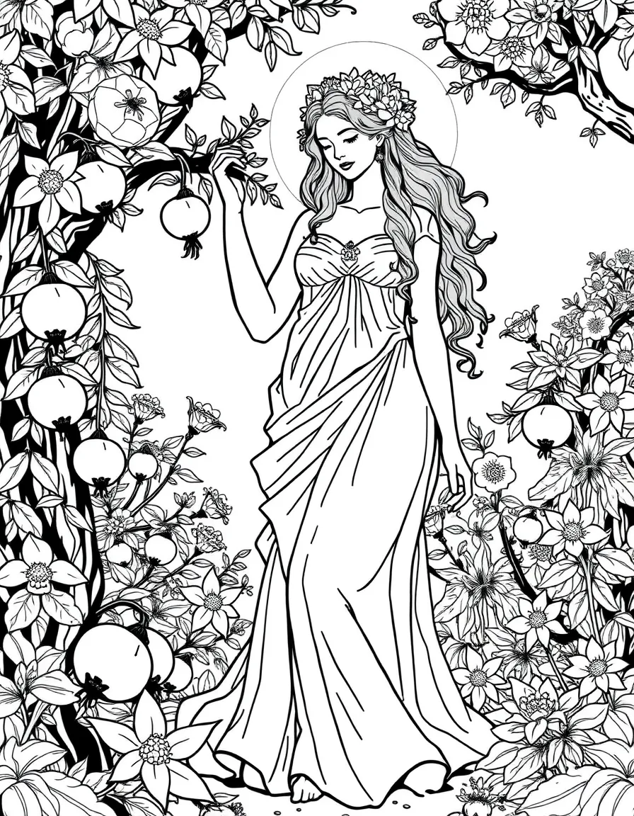 Persephone in the underworld garden, with pomegranates and flowers showing her dual seasonal nature