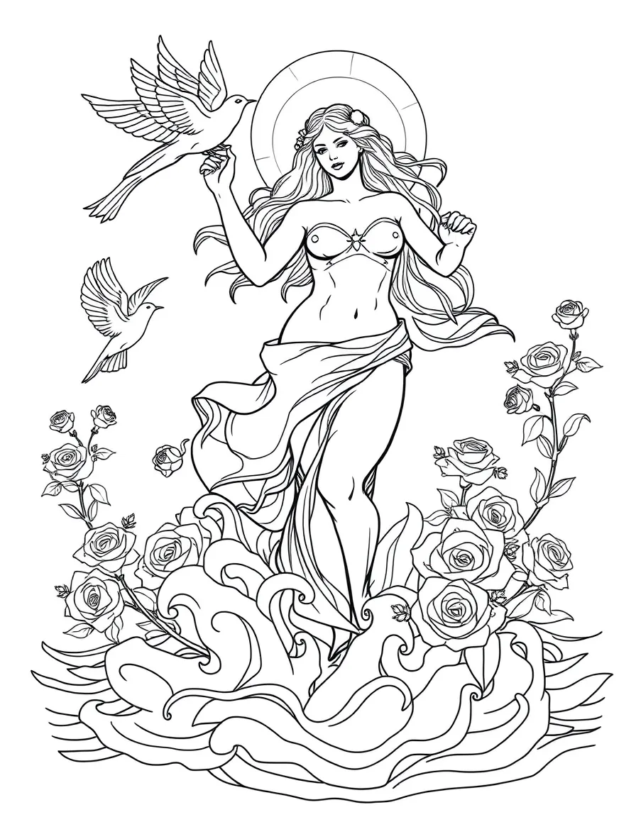 Aphrodite rising from sea foam, with doves and roses surrounding the goddess of love and beauty