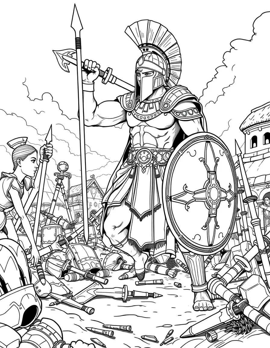 Ares the god of war in full battle armor, with weapons and shields scattered across ancient battlefields