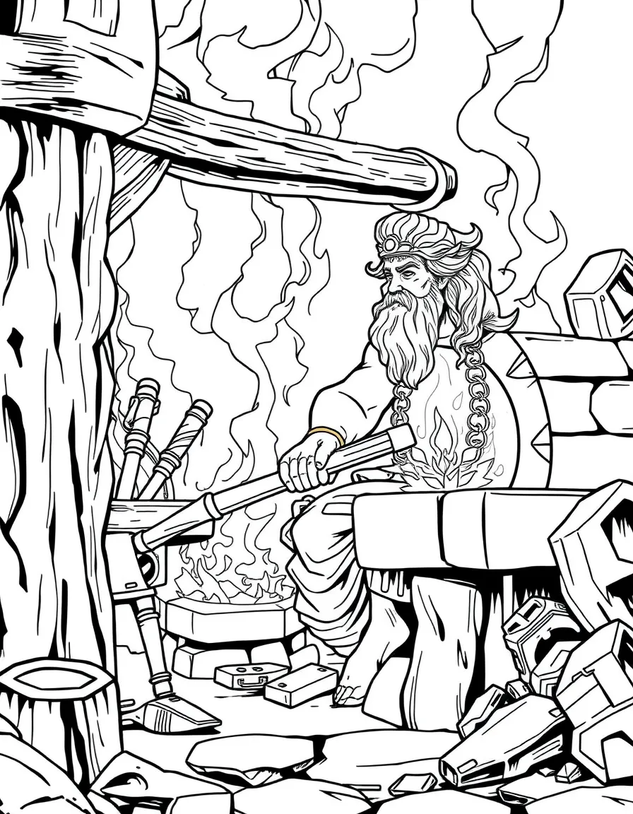 Hephaestus working at his divine forge, creating magical items with fire and molten metal everywhere
