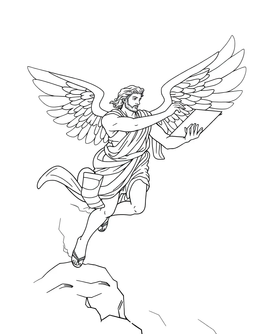 Hermes with his winged sandals delivering messages, flying between Mount Olympus and the mortal world