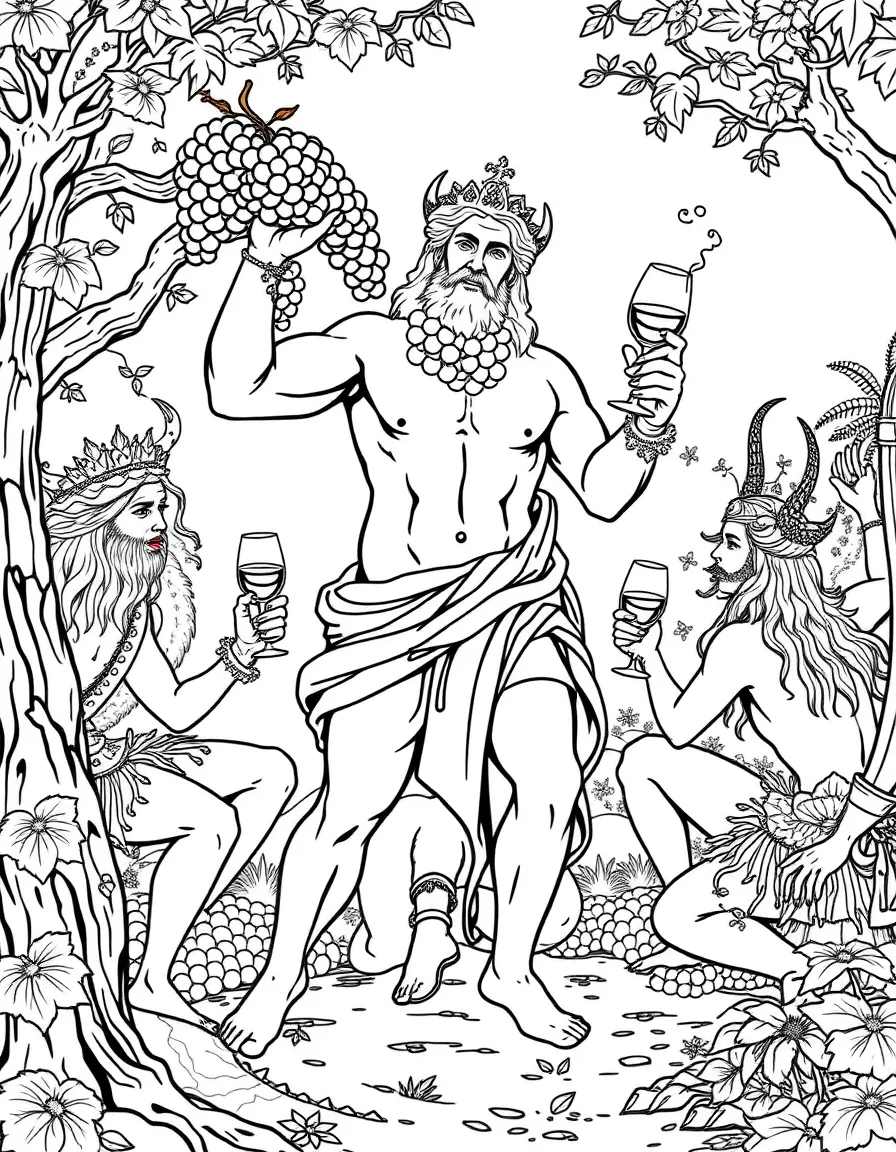 Dionysus celebrating with grapes and wine, surrounded by satyrs and maenads in wild forest festivities