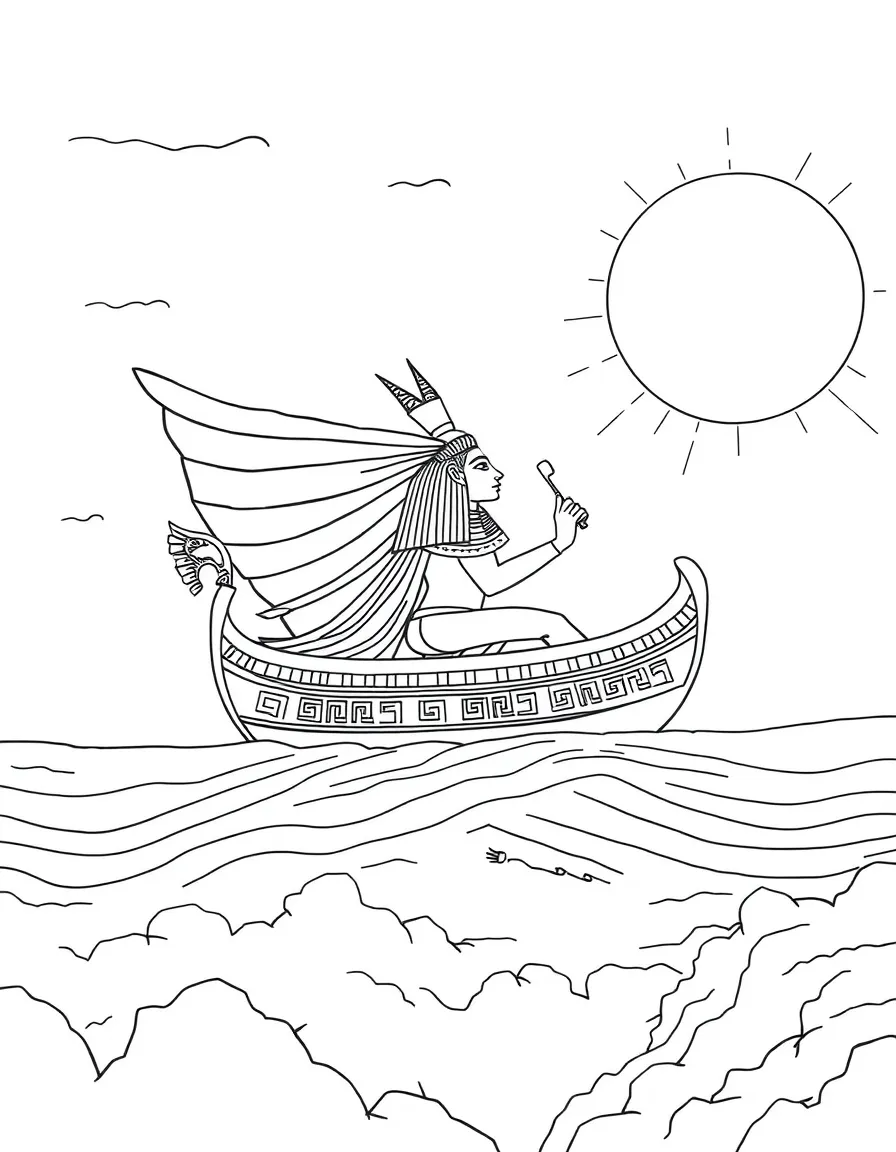 Egyptian god Ra sailing across the sky in his solar barge, with the sun disk and hieroglyphs around