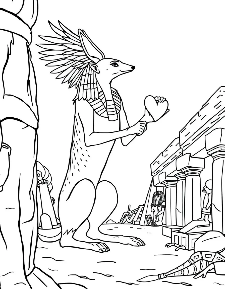 Anubis weighing hearts against feathers in the afterlife, with Egyptian tombs and mummification scenes