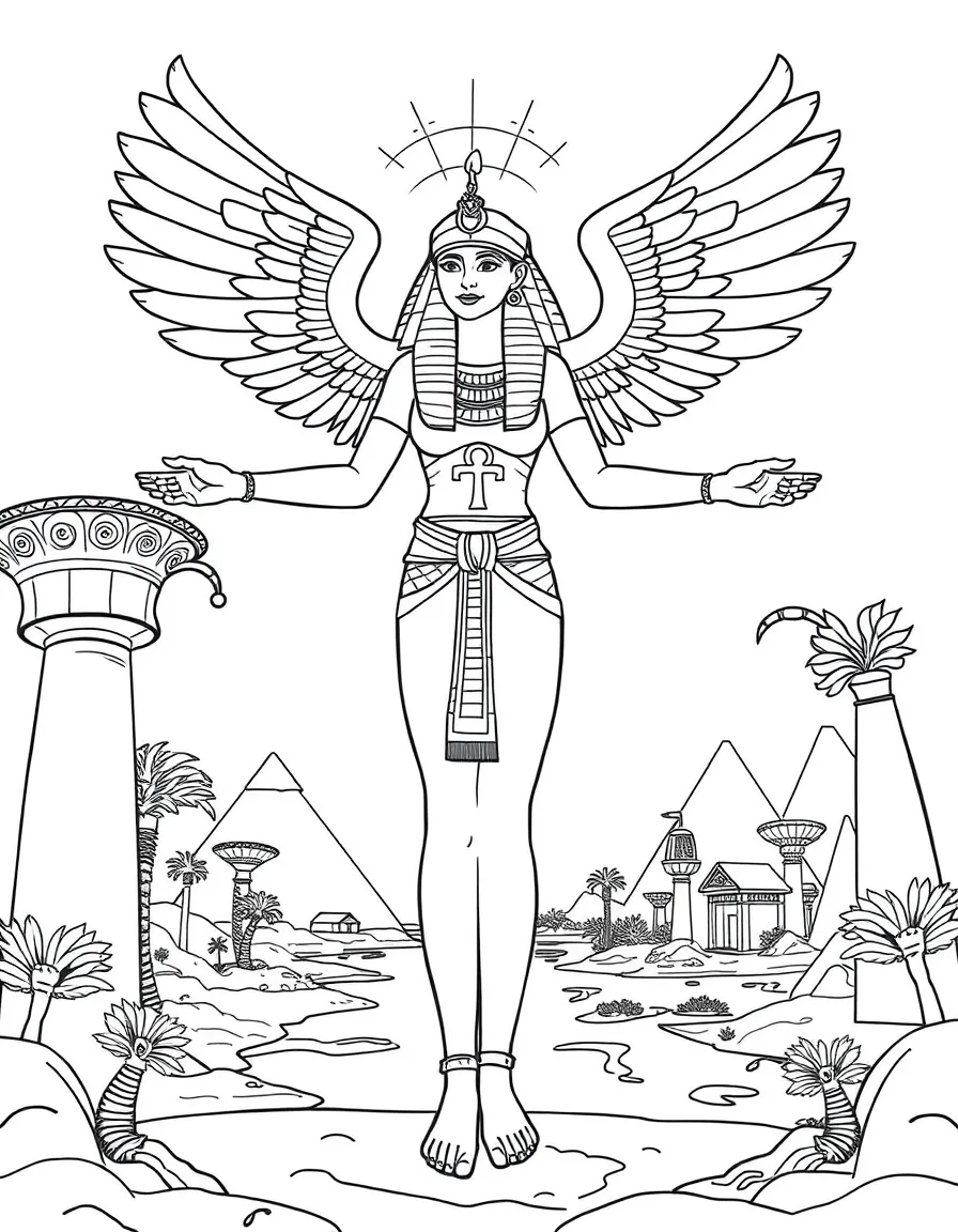 Isis spreading her protective wings, with ankh symbols and Nile River scenes showing ancient Egypt