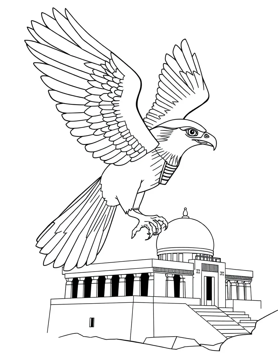 Horus the falcon-headed god soaring over Egyptian temples, with the Eye of Horus prominently displayed