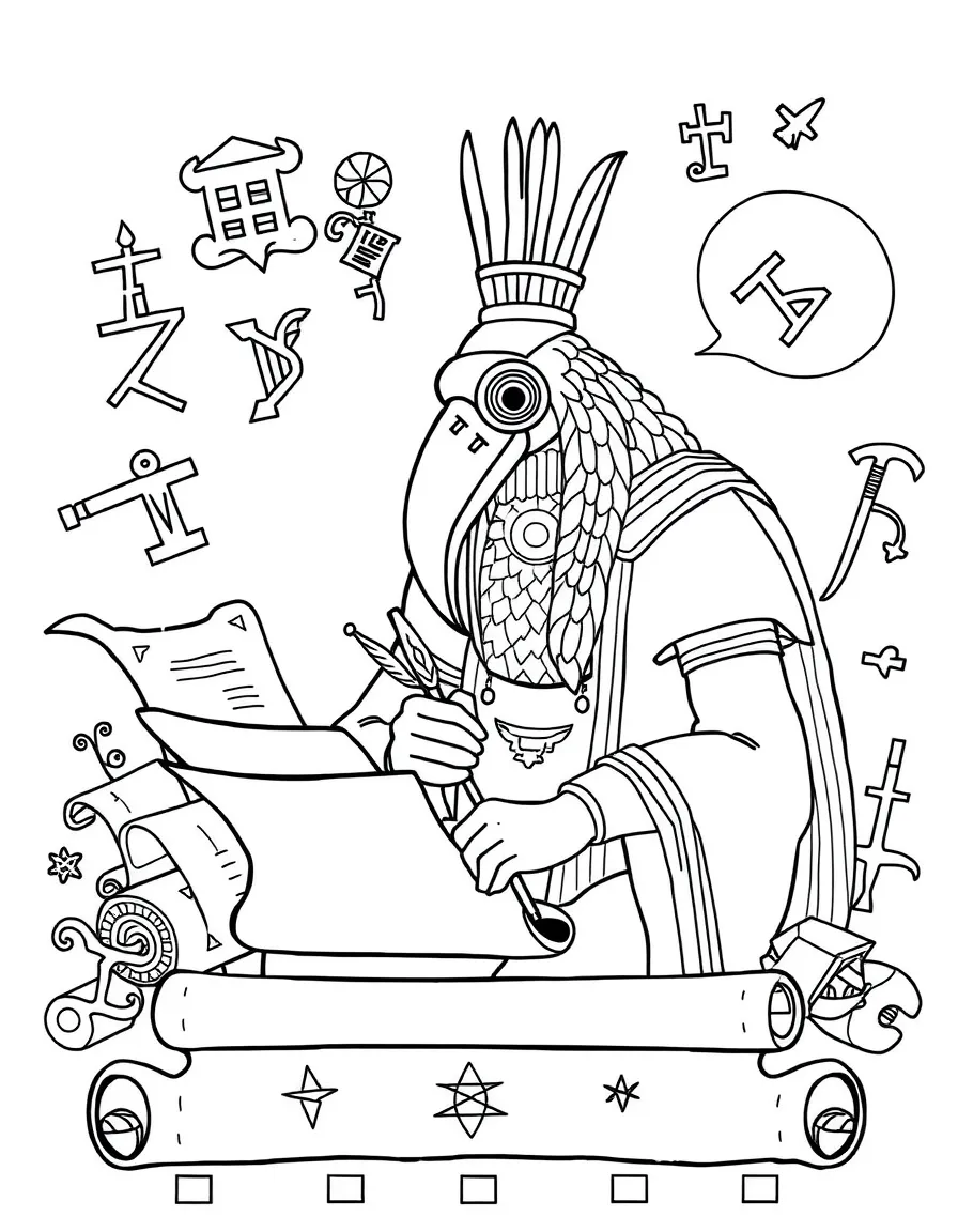 Thoth the ibis-headed god of wisdom writing with his quill, surrounded by scrolls and mathematical symbols