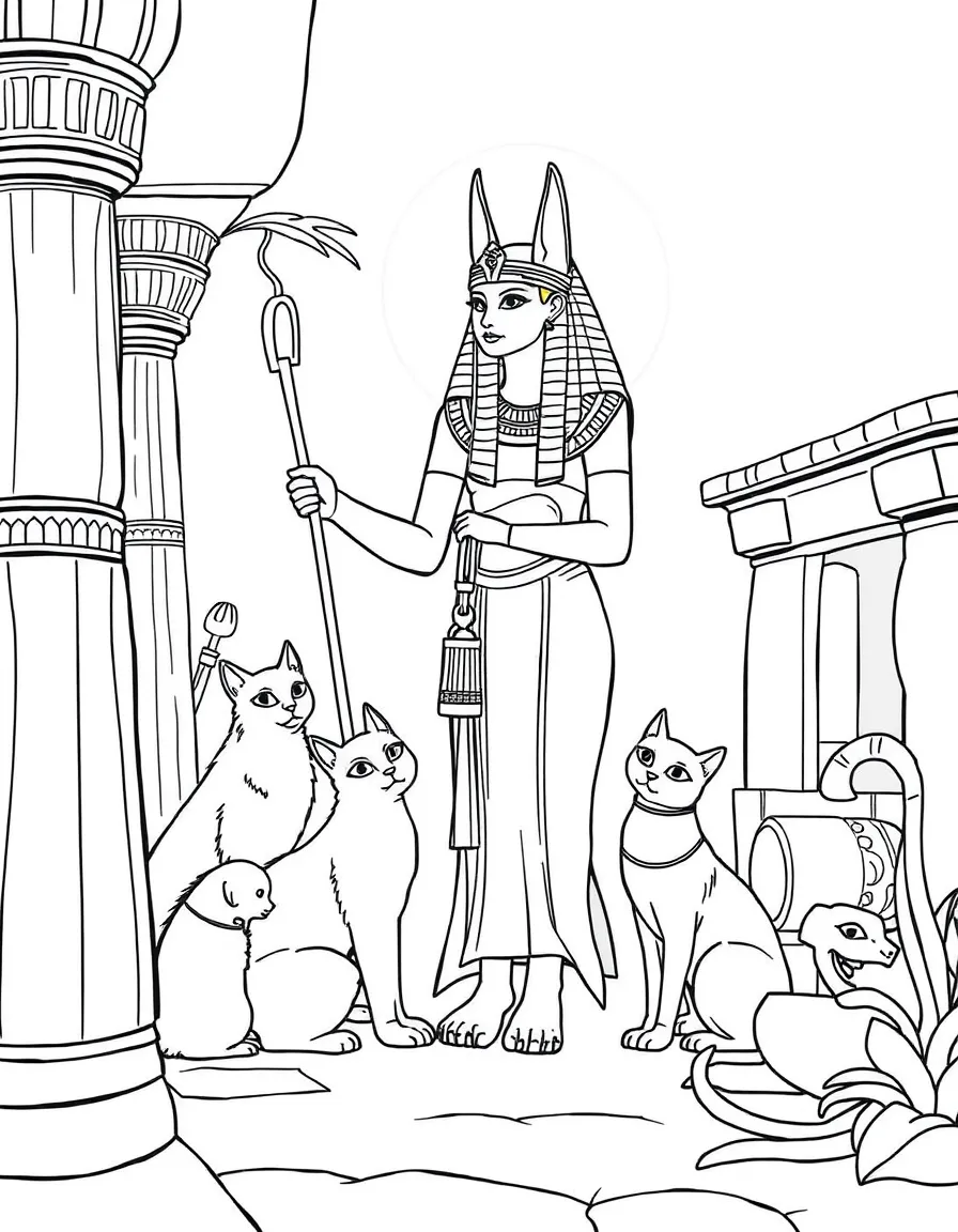 Bastet the cat goddess protecting families, with Egyptian cats and household scenes in ancient settings