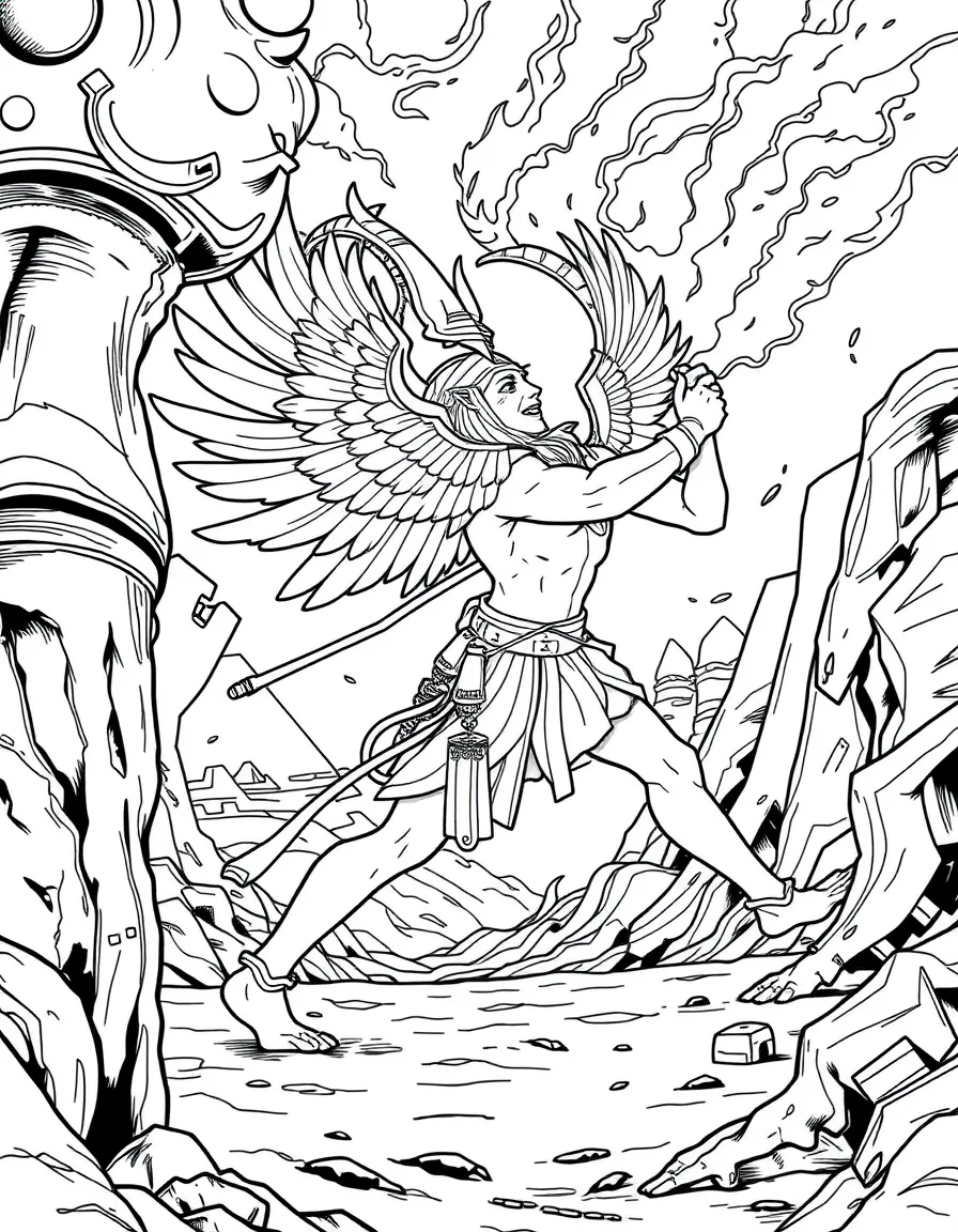 Set the god of chaos battling Horus, with desert storms and Egyptian mythology scenes in background