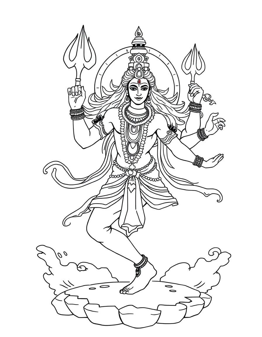 Shiva dancing the cosmic dance, with multiple arms and the wheel of time showing creation and destruction