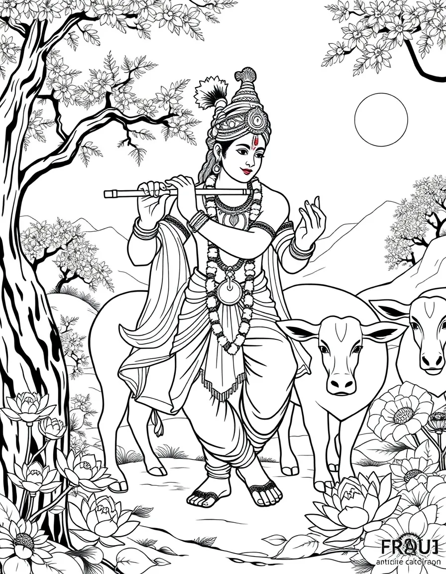Krishna playing his flute while herding cows, with peacock feathers and lotus flowers in Indian landscapes