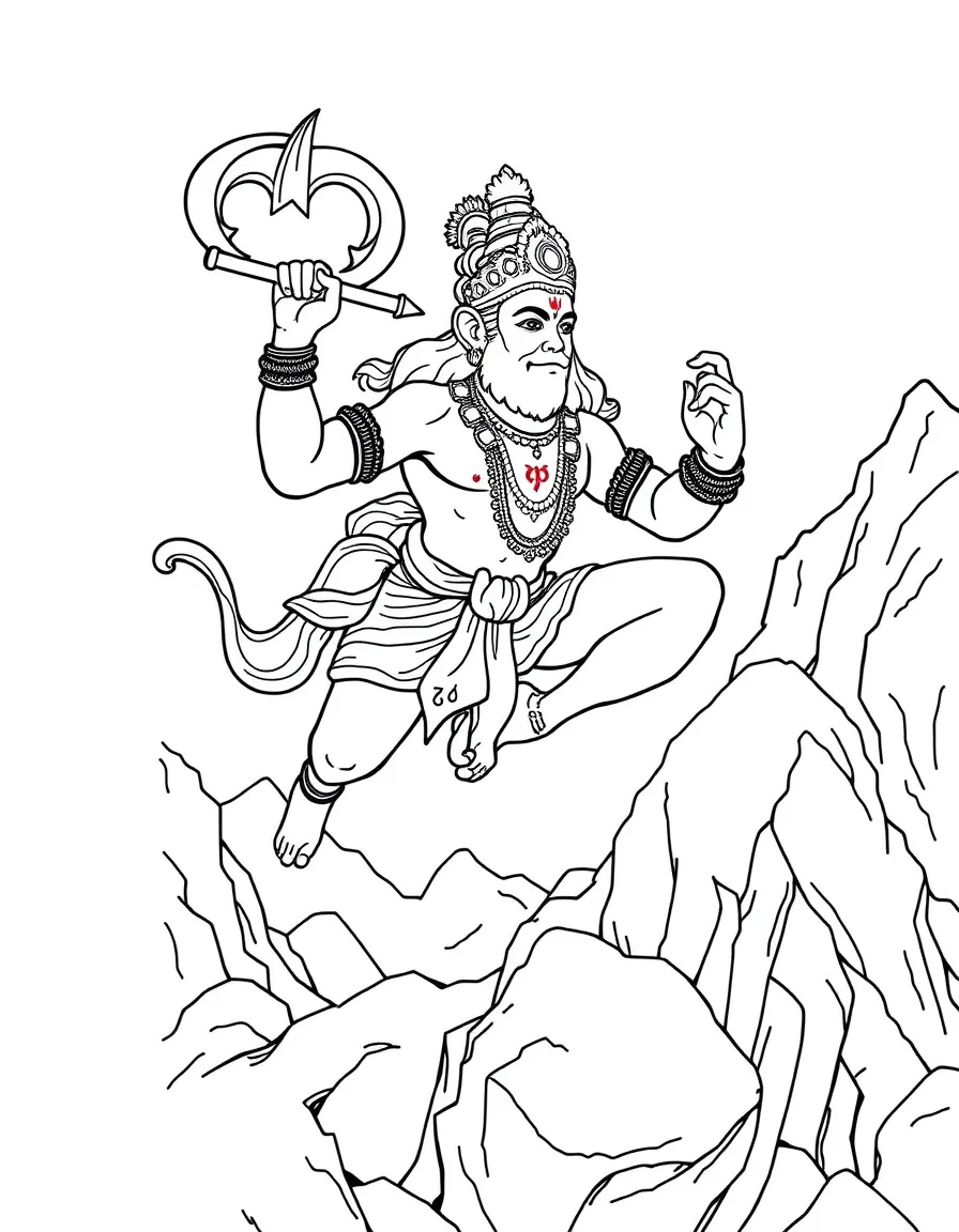 Hanuman the monkey god showing his strength, leaping across mountains with his mace and devotional heart