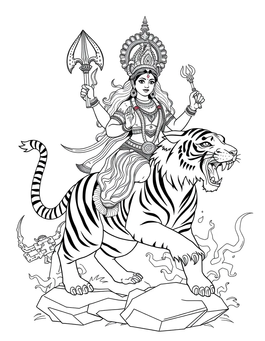 Durga riding her tiger into battle, with multiple arms holding weapons and defeating evil demons