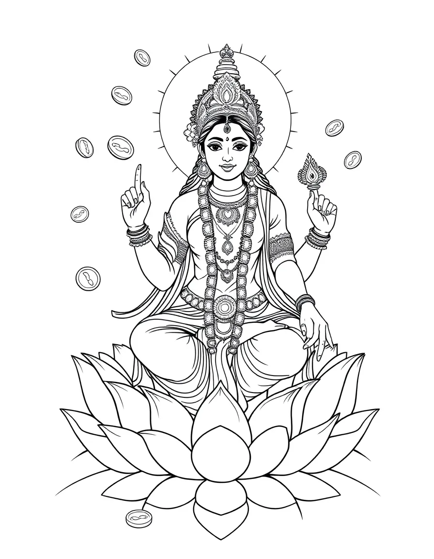 Lakshmi sitting on lotus flowers, with gold coins and symbols of prosperity floating around her