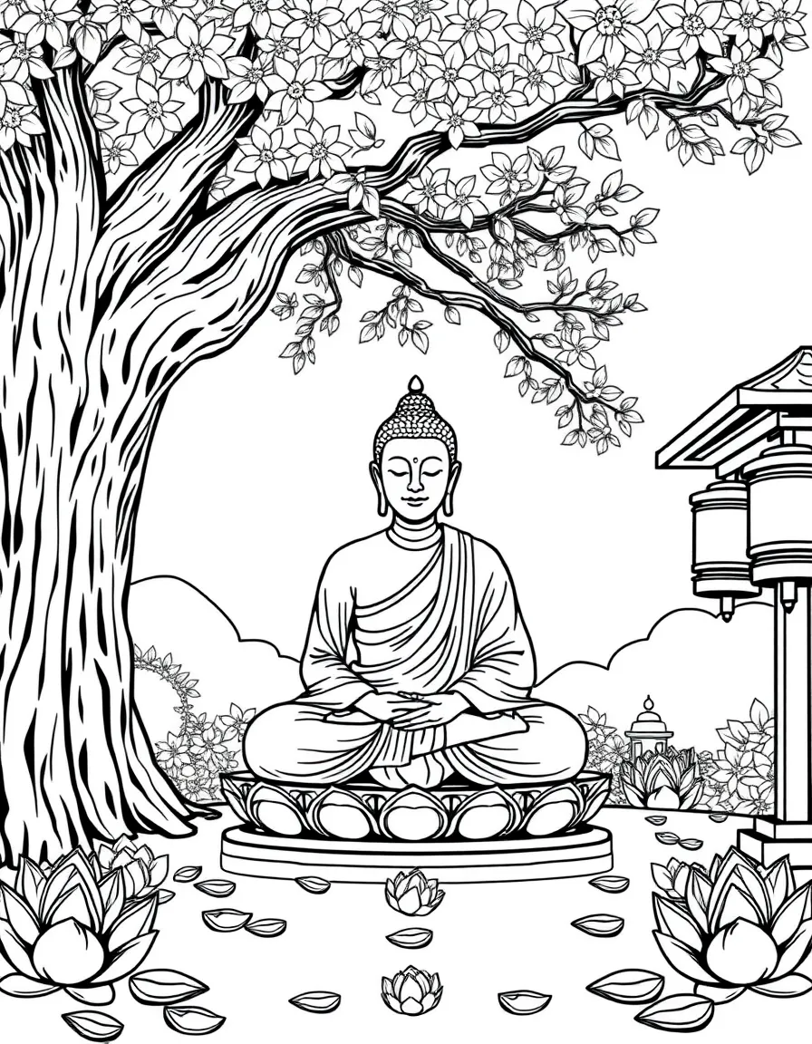 Buddha meditating under the Bodhi tree, with prayer wheels and lotus petals creating peaceful atmosphere