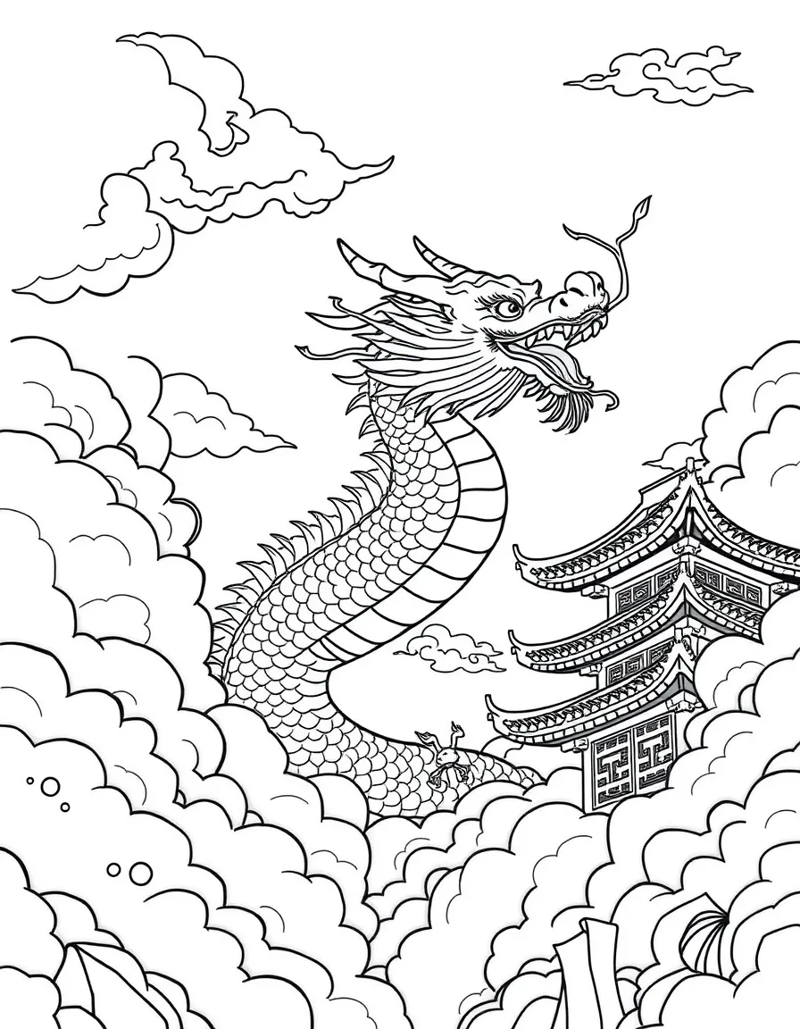 Chinese dragon dancing through clouds, with its long serpentine body and traditional Chinese architecture