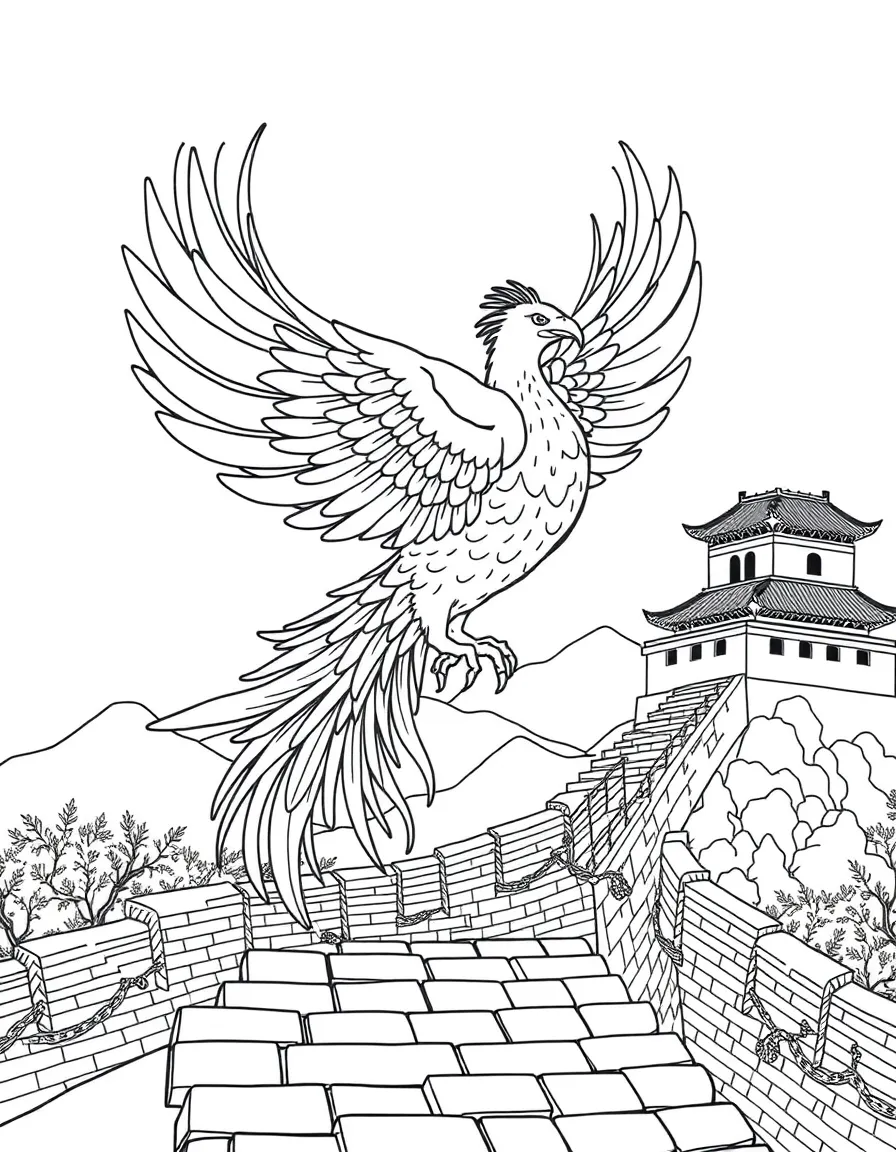 Phoenix flying over the Great Wall of China, with its colorful feathers and symbols of rebirth and renewal