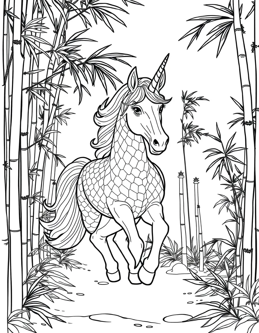 Kirin (Chinese unicorn) walking through bamboo forests, with its scaled body and benevolent nature shown