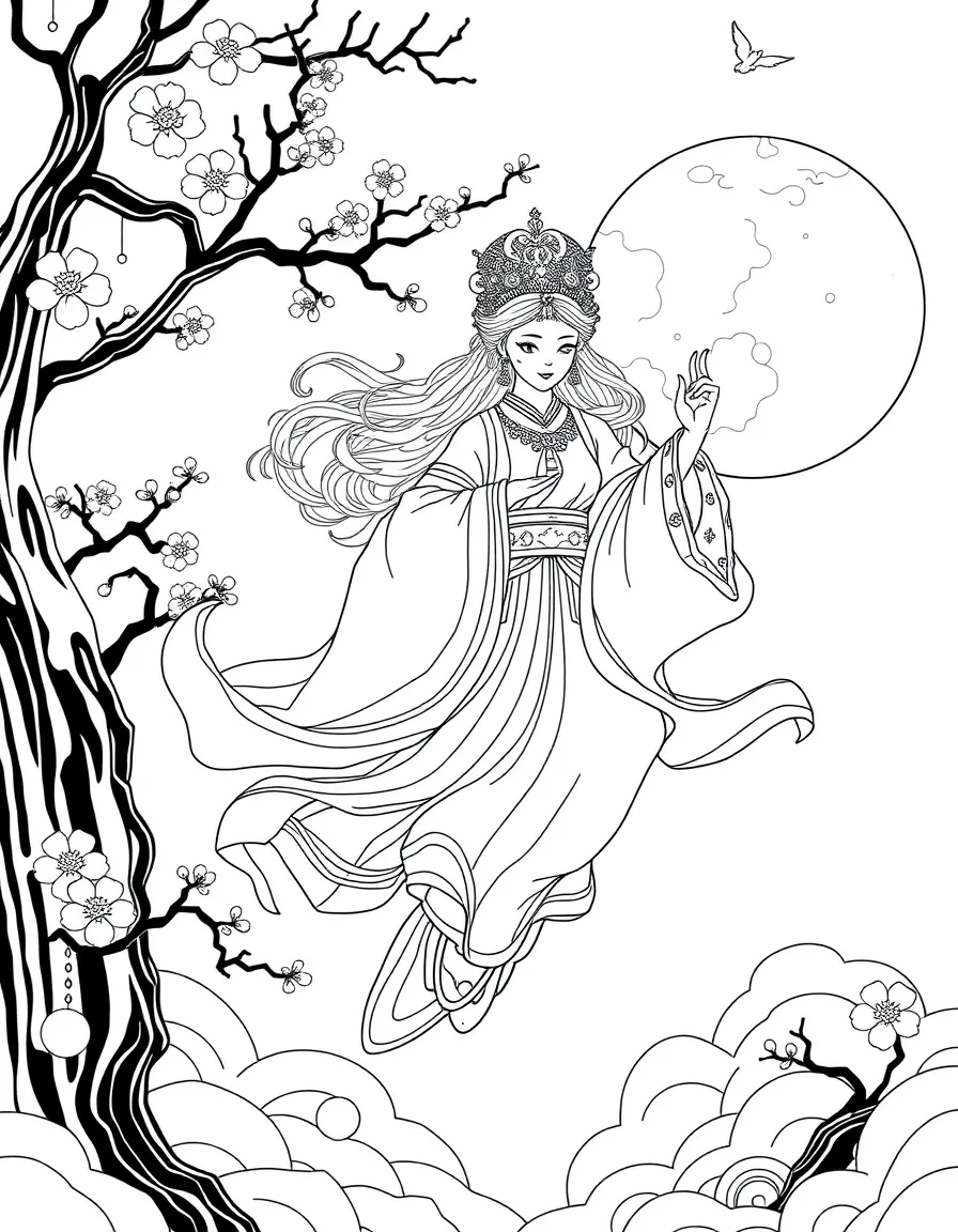 Chinese goddess Chang'e floating to the moon, with her rabbit companion and Mid-Autumn Festival elements