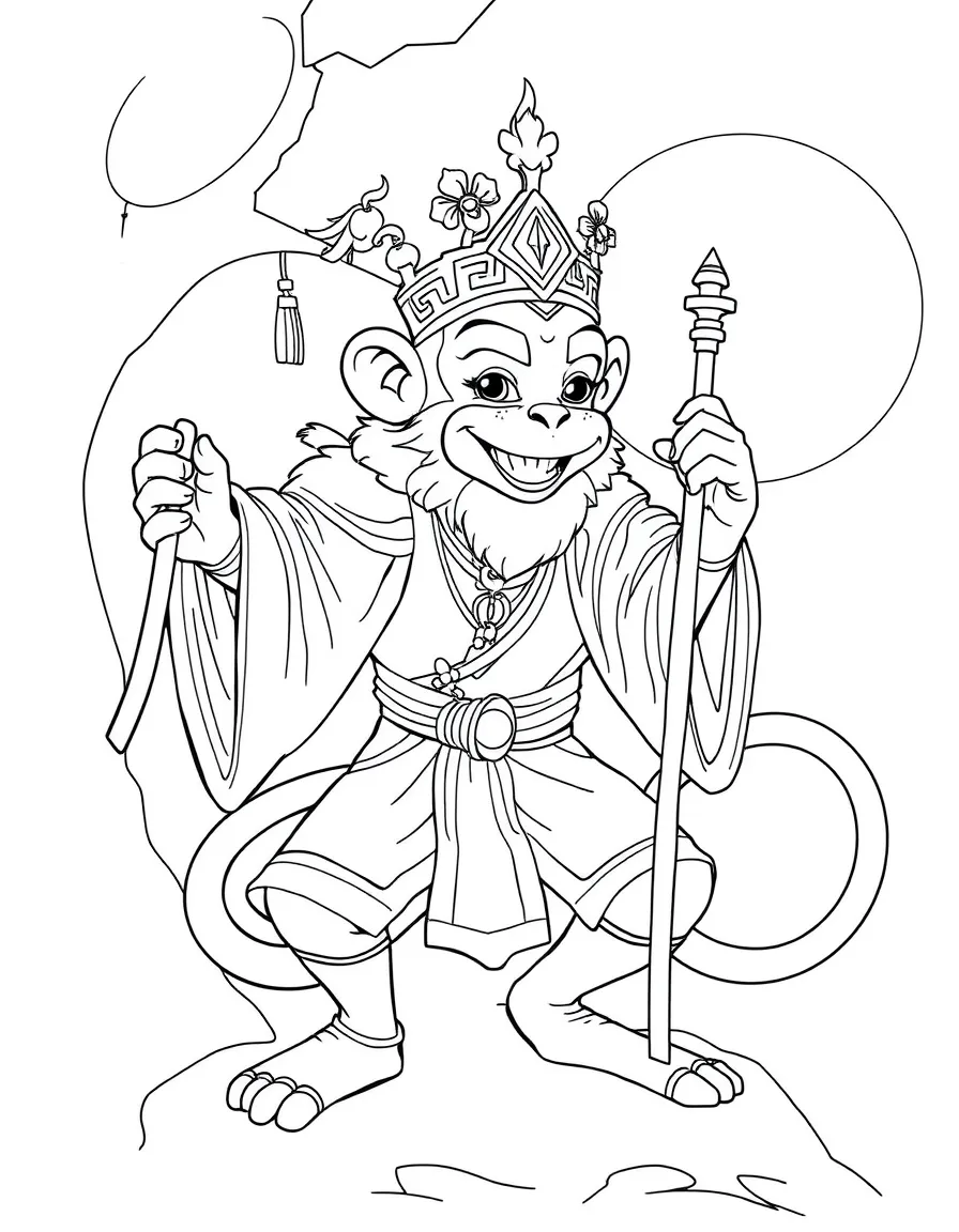 Monkey King Sun Wukong with his staff, showing his magical abilities and Journey to the West adventures