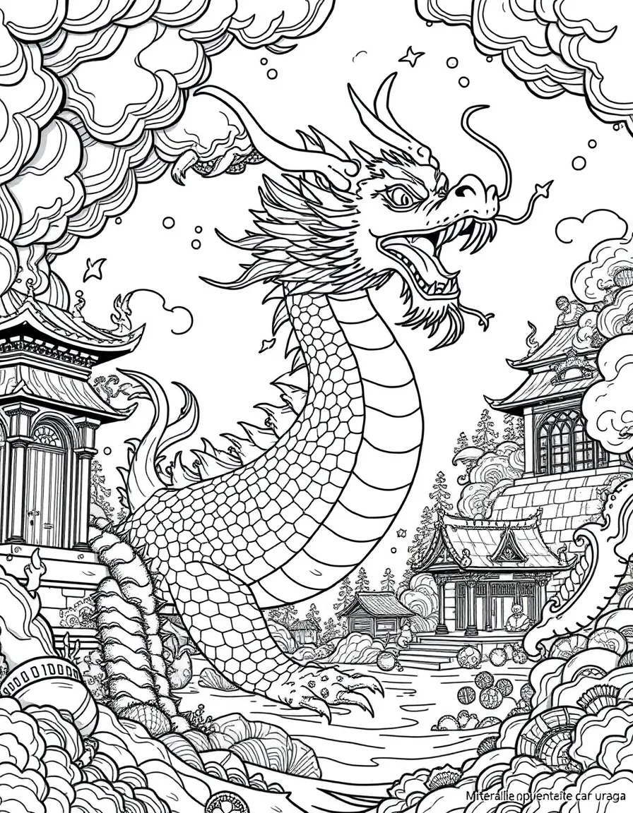 Japanese dragon Ryujin in his underwater palace, with sea creatures and treasure chambers around him