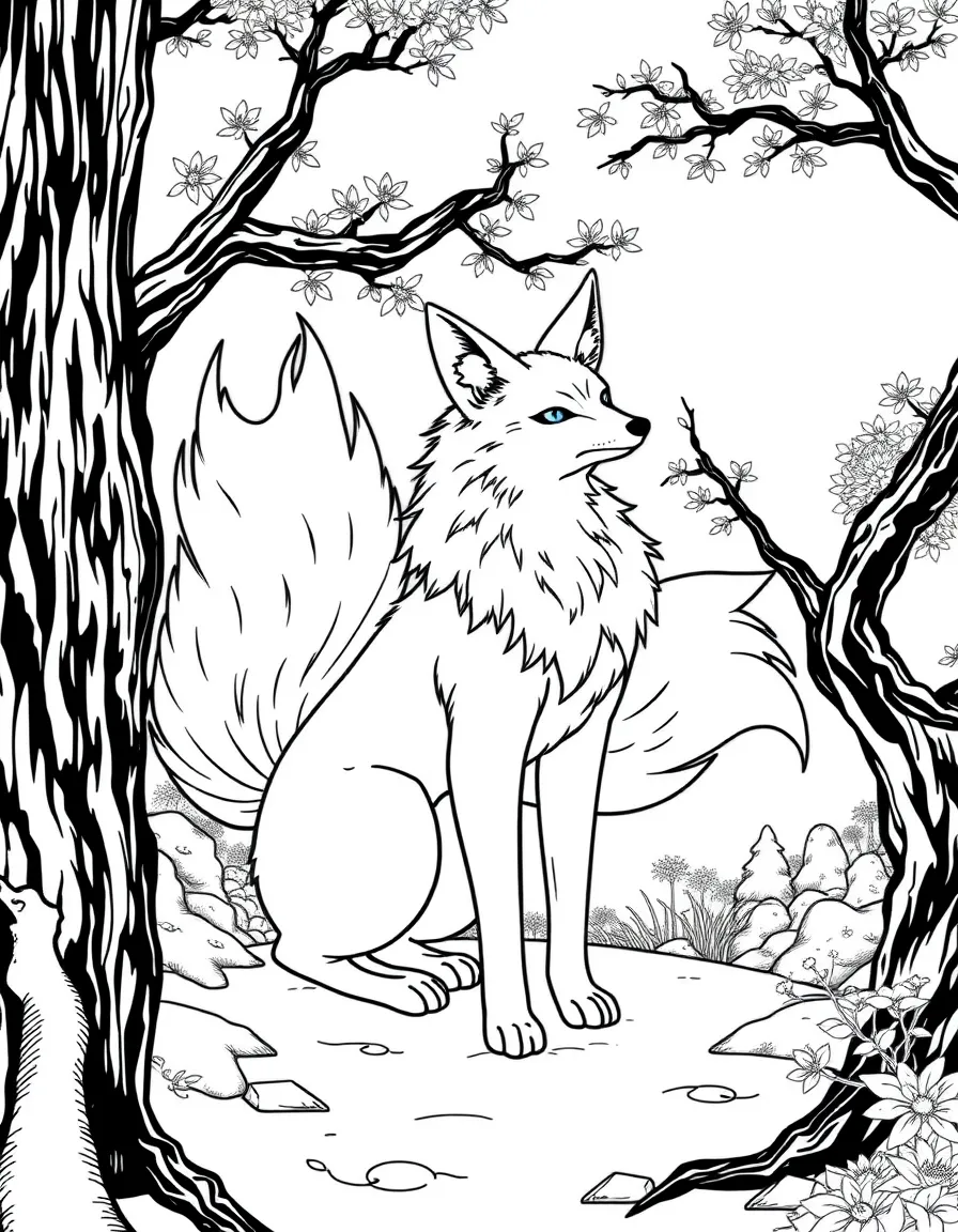 Kitsune fox spirits with multiple tails, showing their shapeshifting abilities in Japanese forest settings