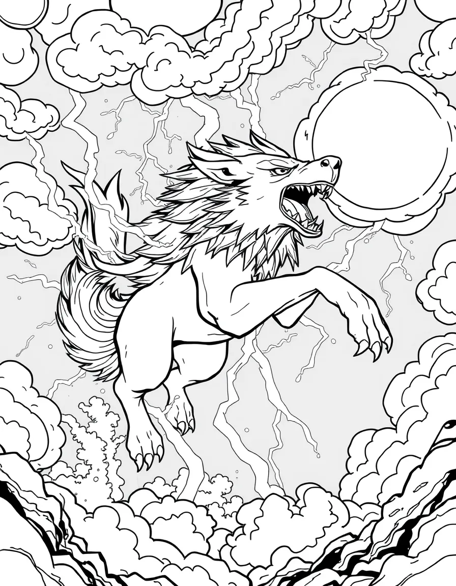 Raiju thunder beast leaping through storm clouds, with lightning crackling around its wolf-like form