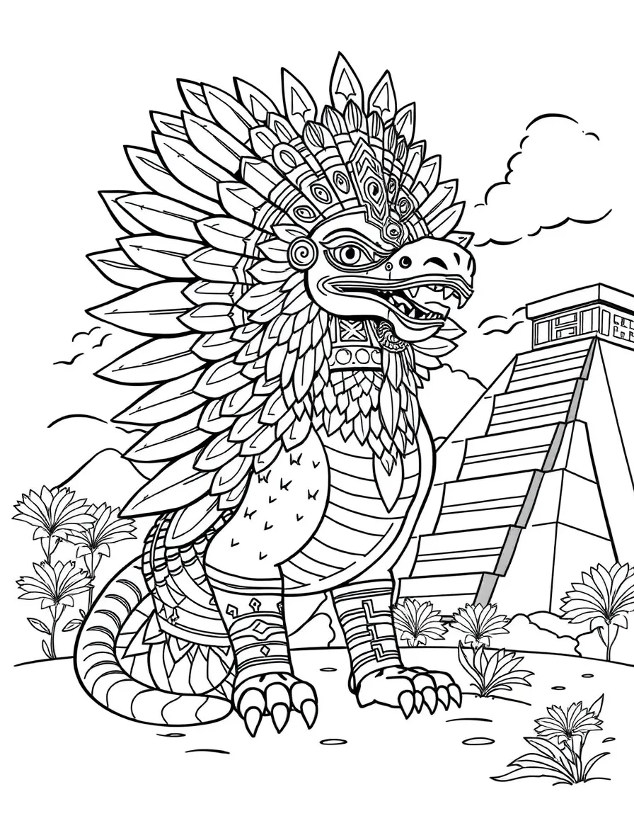 Aztec god Quetzalcoatl the feathered serpent, with colorful plumes and Mesoamerican pyramid backgrounds