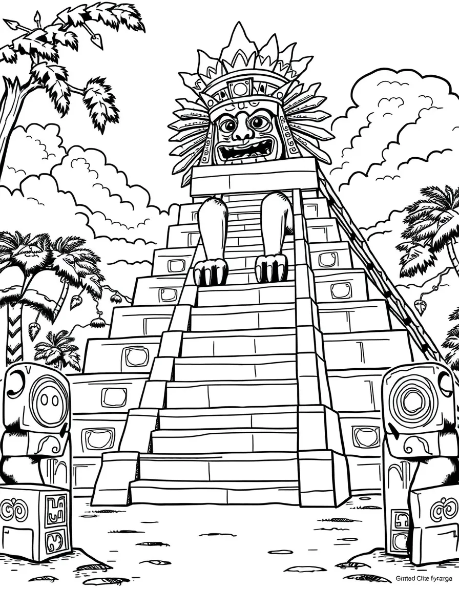 Mayan god Kukulkan descending pyramid steps, with jaguar motifs and ancient calendar stones around