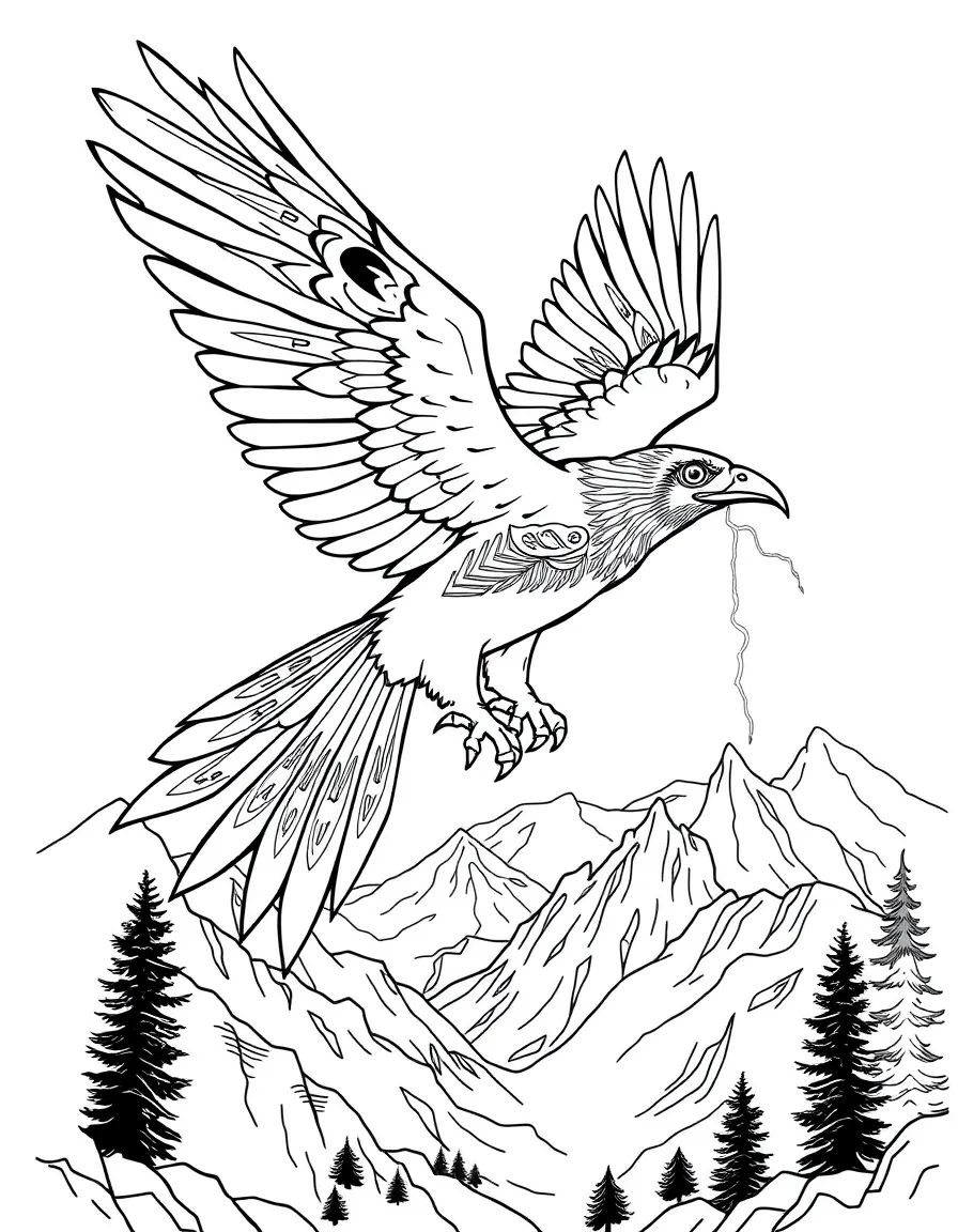 Native American thunderbird soaring over mountains, with lightning in its talons and tribal designs