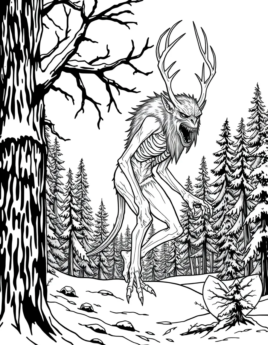 Wendigo stalking through snowy forests, with its gaunt appearance and haunting Native American legends