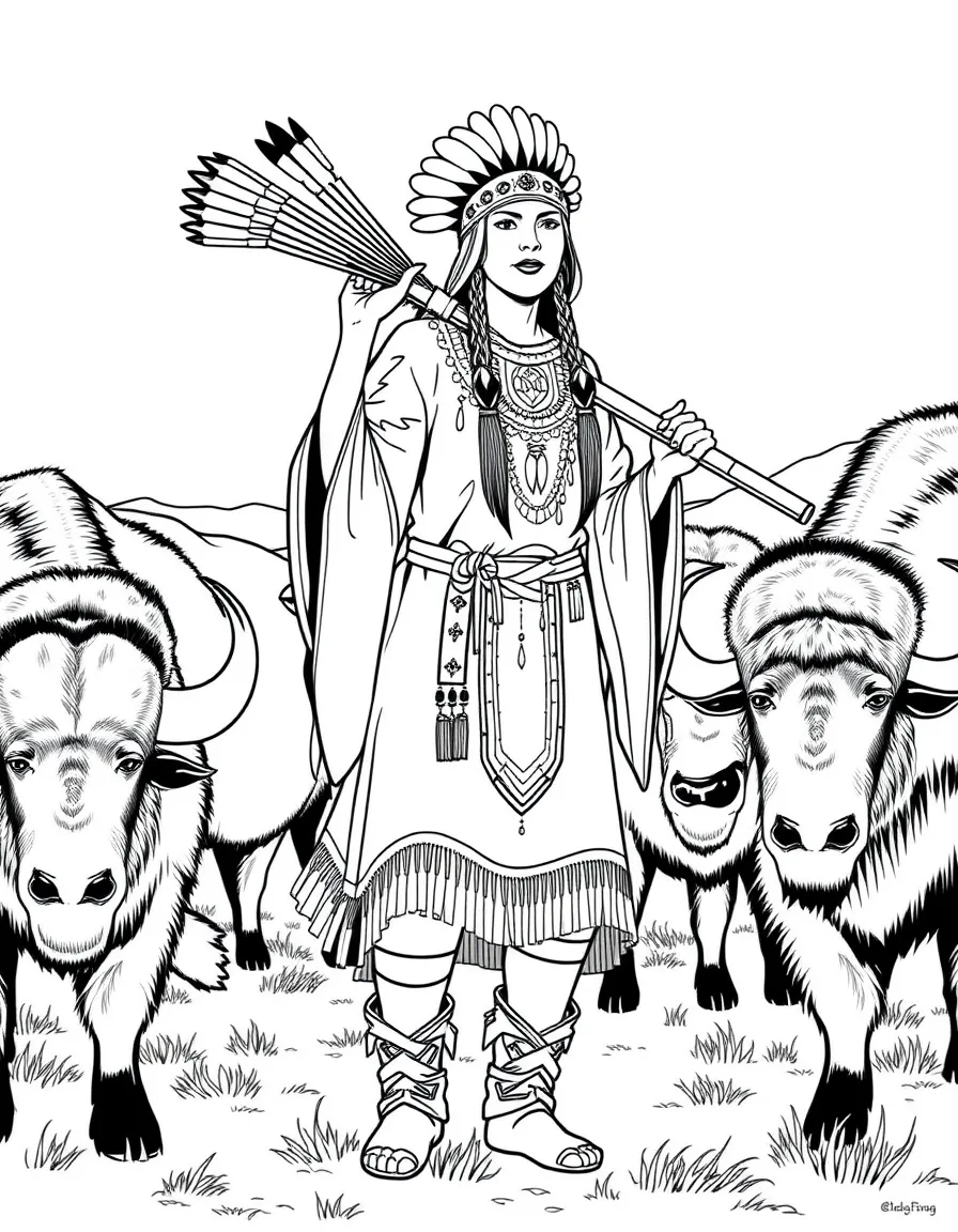 White Buffalo Woman bringing sacred pipes, with buffalo herds and plains Indian spiritual symbolism
