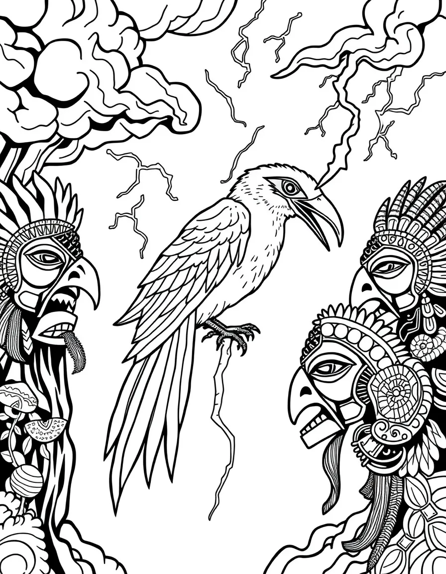African lightning bird creating storms, with traditional masks and tribal artwork incorporated throughout
