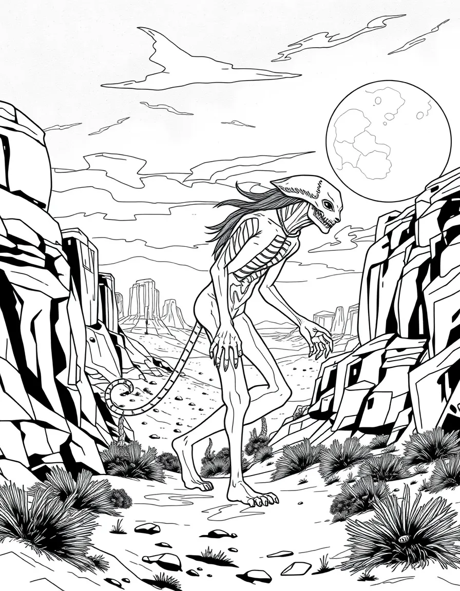 Skinwalker shape-shifting in desert moonlight, with southwestern canyon and mesa landscape features