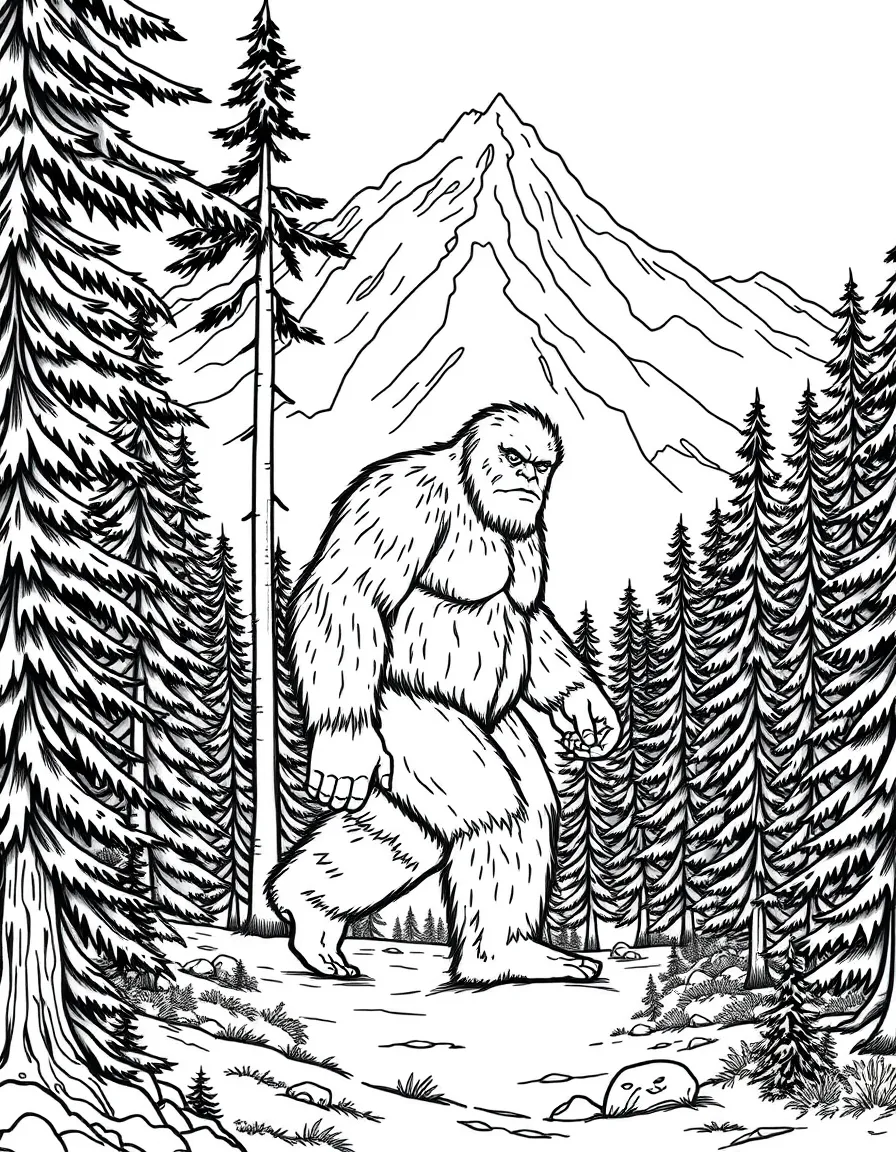 Bigfoot walking through Pacific Northwest forest, with tall evergreen trees and misty mountain atmosphere