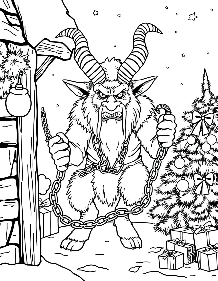 Krampus during winter holidays, with chains and switches, contrasting with Christmas decorations nearby
