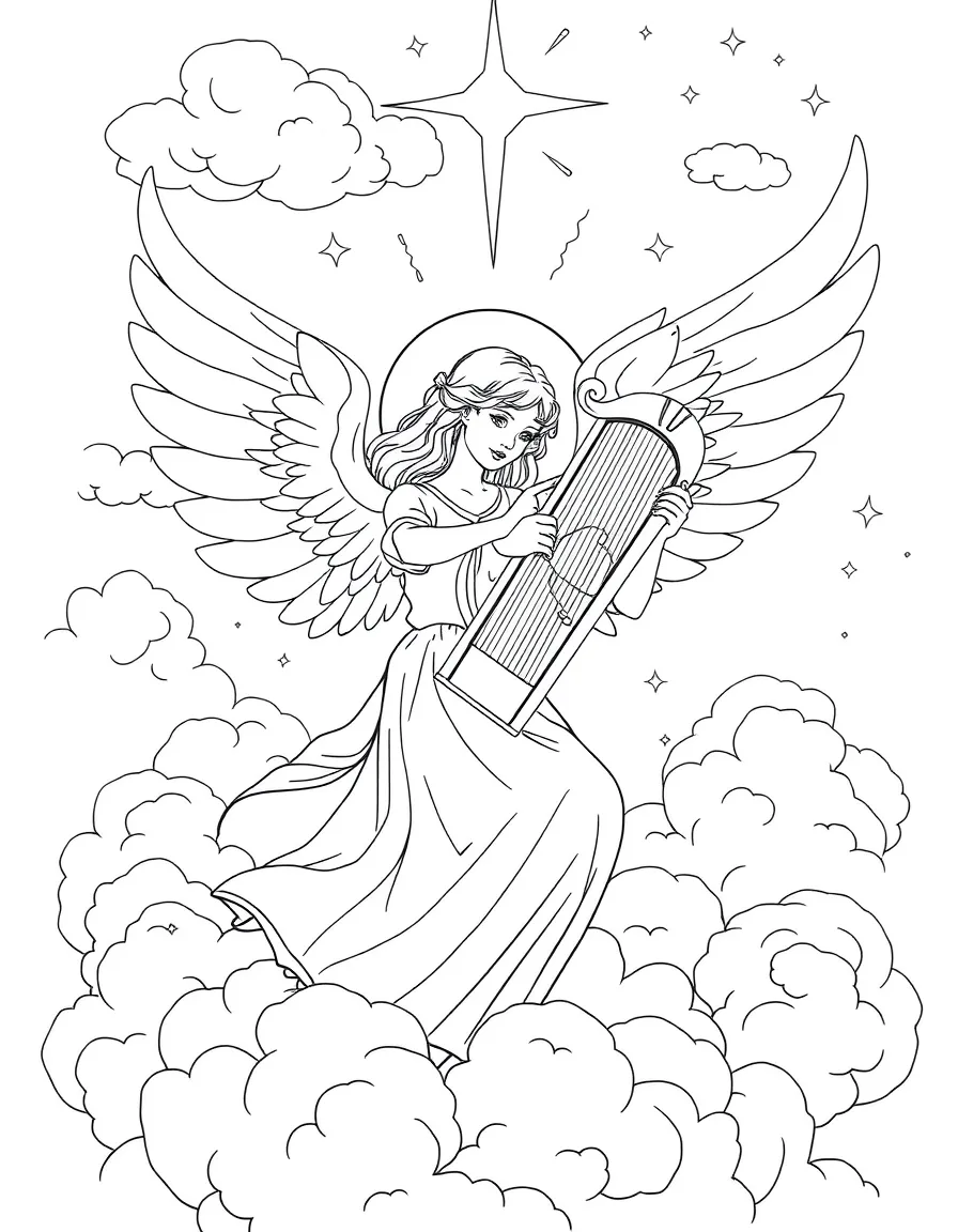 Angel with white wings playing harp in heavenly clouds, with golden light and peaceful celestial atmosphere