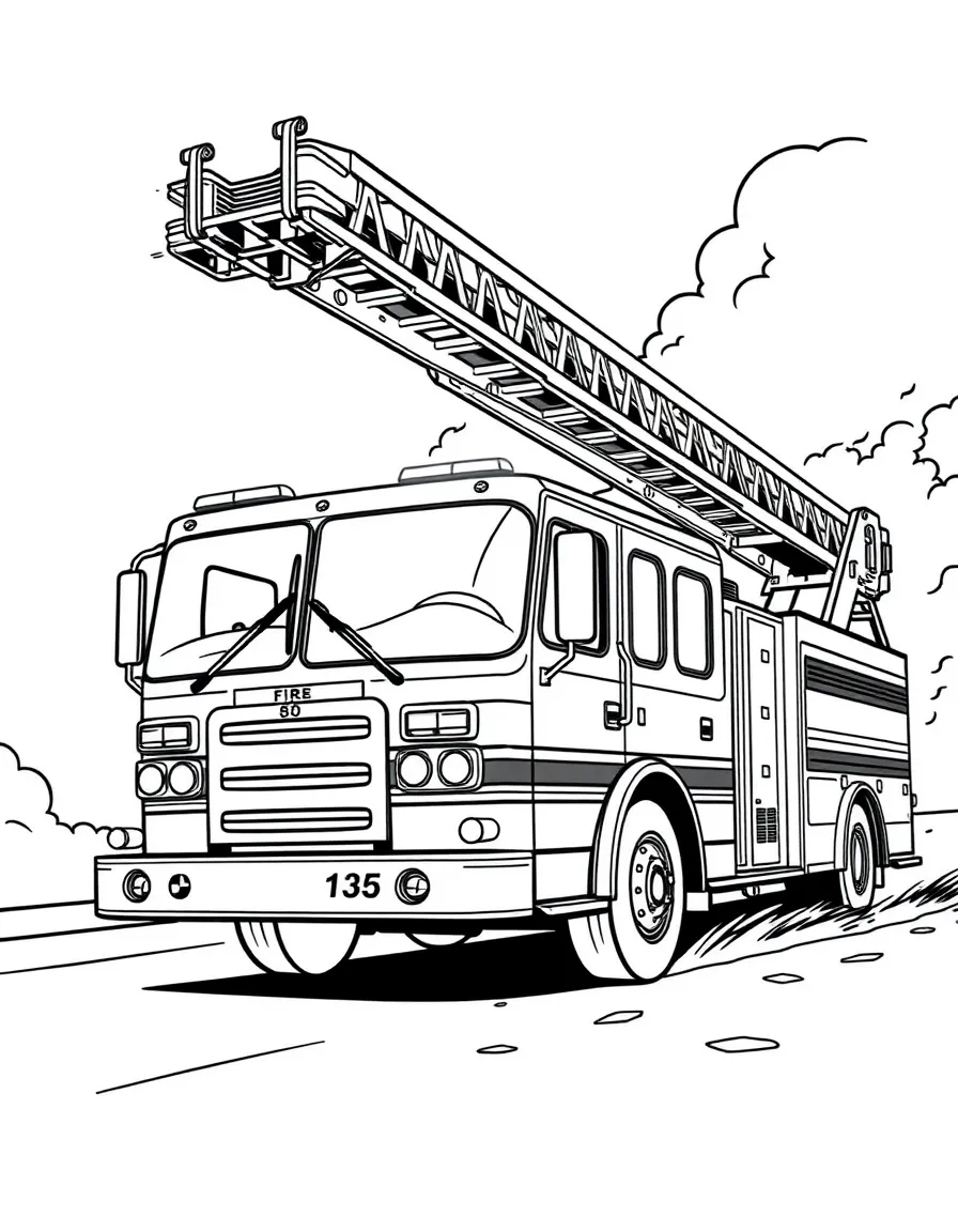 Fire truck racing to emergency with ladder extended, sirens blazing, and firefighters ready for action