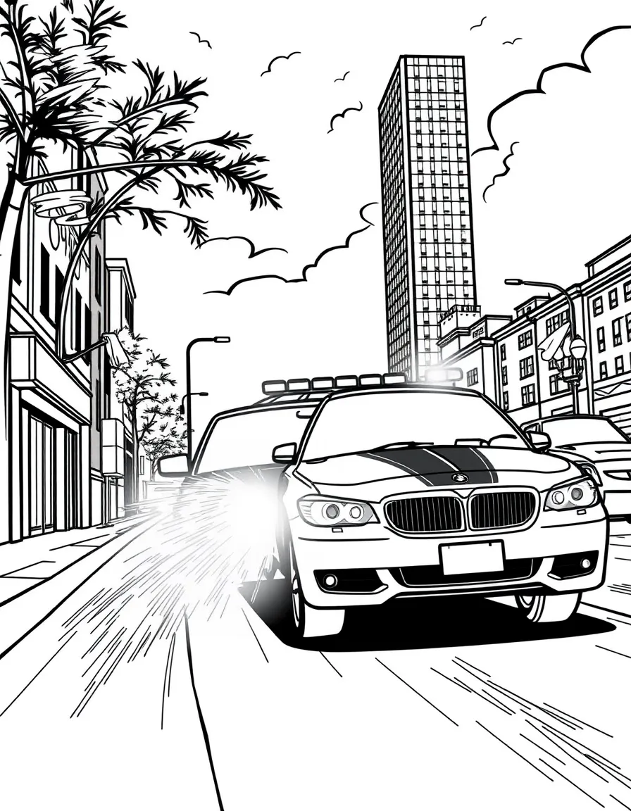Police car chasing speeding vehicle through city streets with flashing lights and radio communication