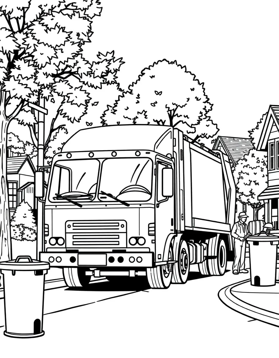 Garbage truck collecting trash on neighborhood street with sanitation workers and recycling bins nearby