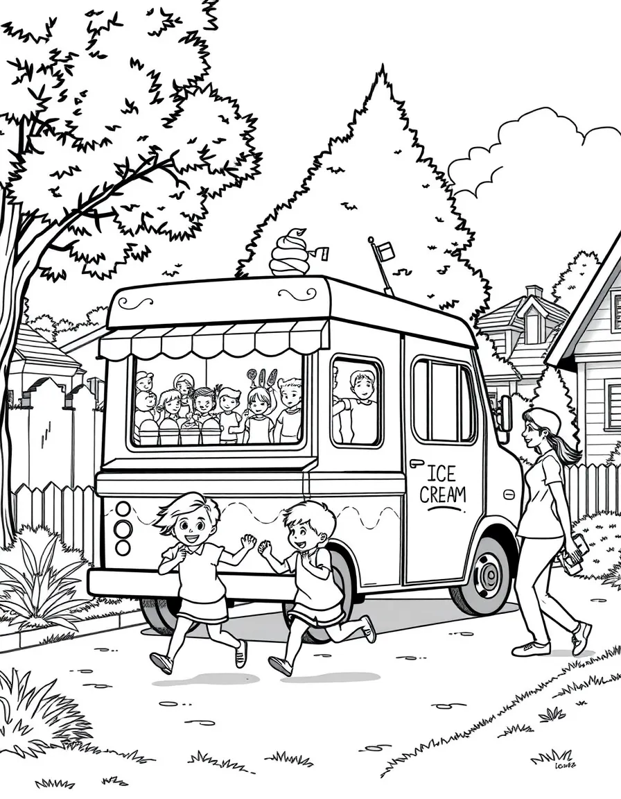 Ice cream truck playing music in residential area with children running excitedly and parents following
