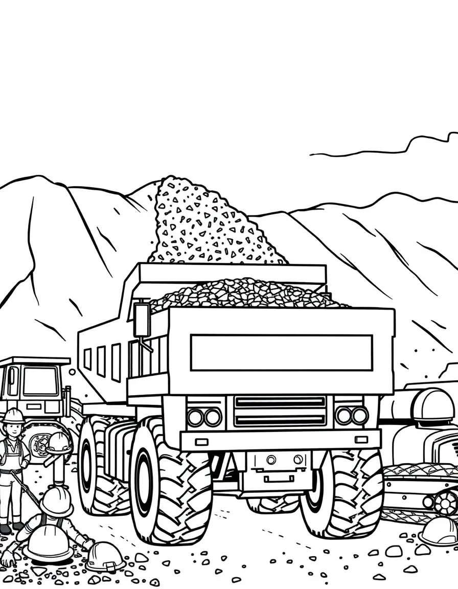 Dump truck unloading gravel at construction site with hard hats, workers, and heavy machinery around