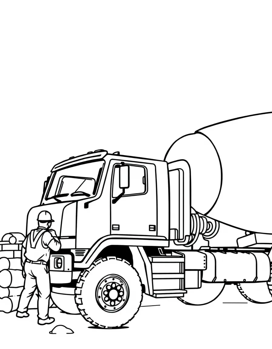 Cement mixer truck pouring concrete for new building foundation with construction workers guiding pour