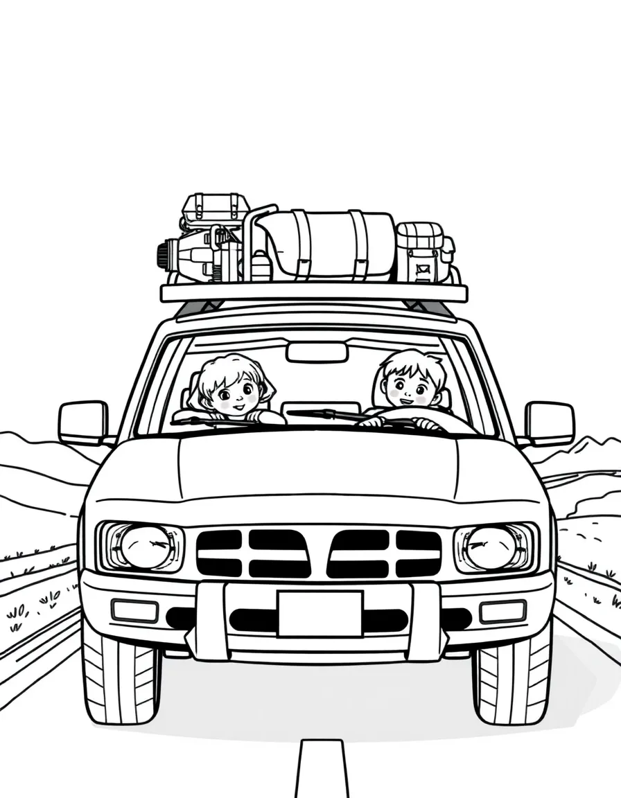 SUV family road trip with luggage on roof, kids playing inside, and scenic highway stretching ahead