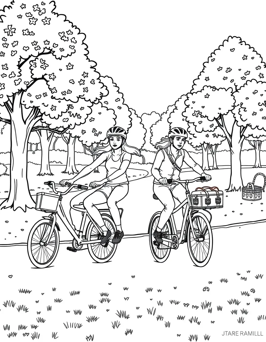 Bicycle family ride through park with helmets, training wheels on kids' bikes, and picnic supplies