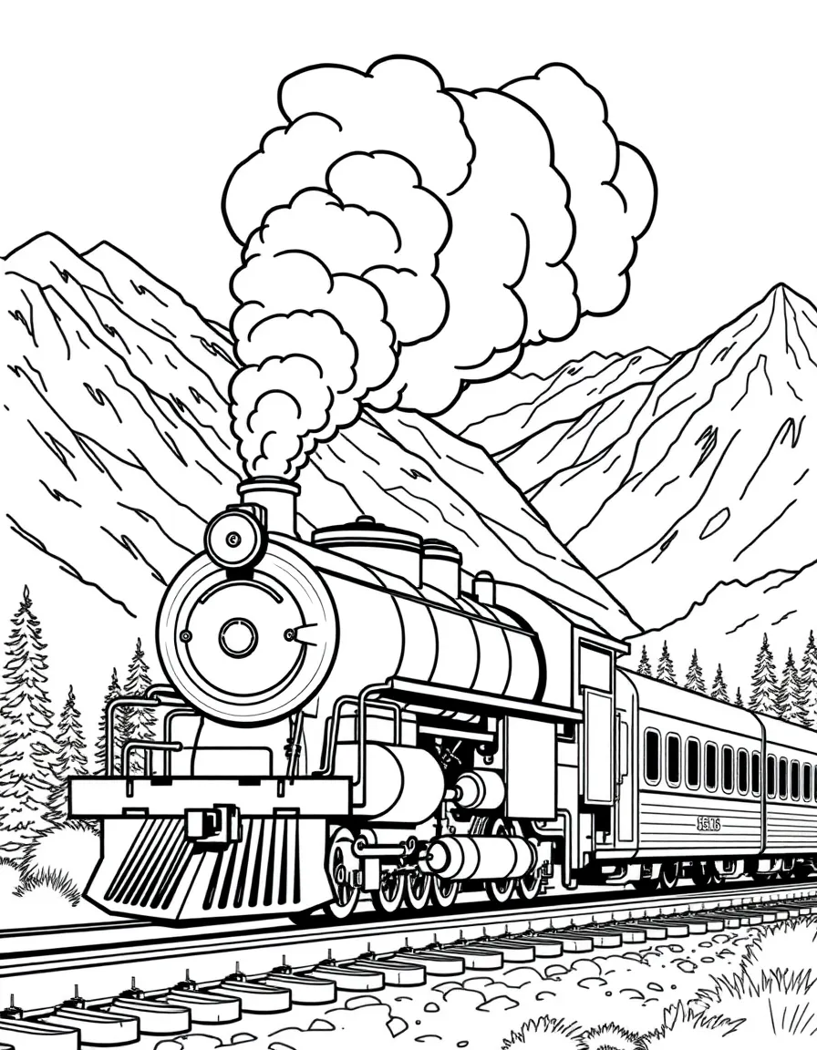 Steam locomotive pulling passenger cars through mountain valley with smoke billowing and whistle blowing