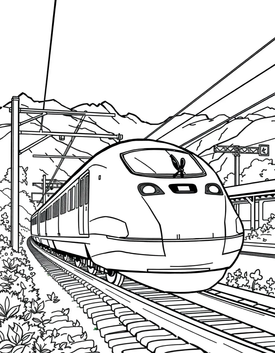 Bullet train speeding through Japanese countryside with aerodynamic design and modern train stations