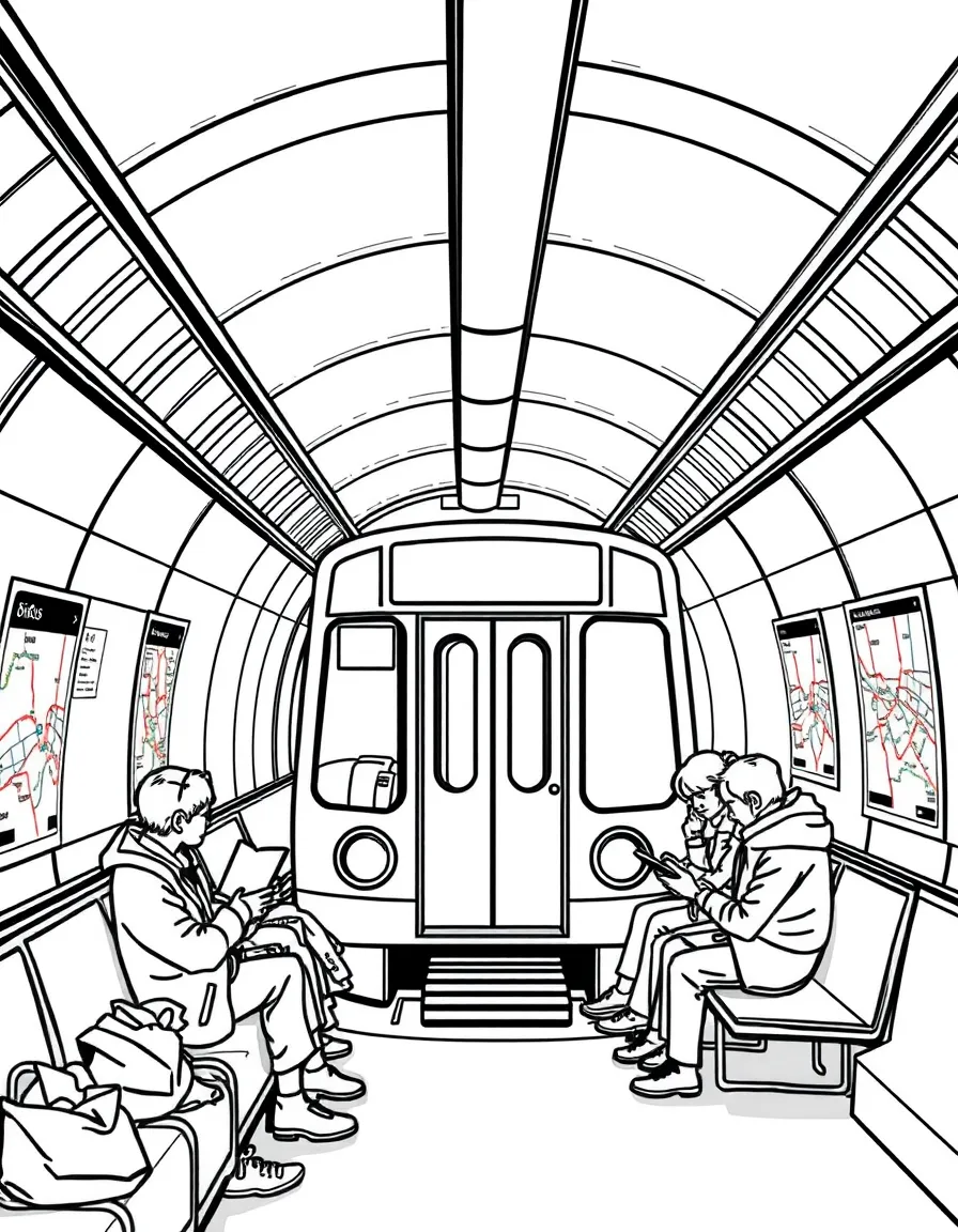 Subway train in underground tunnel with passengers reading and city maps posted on station walls