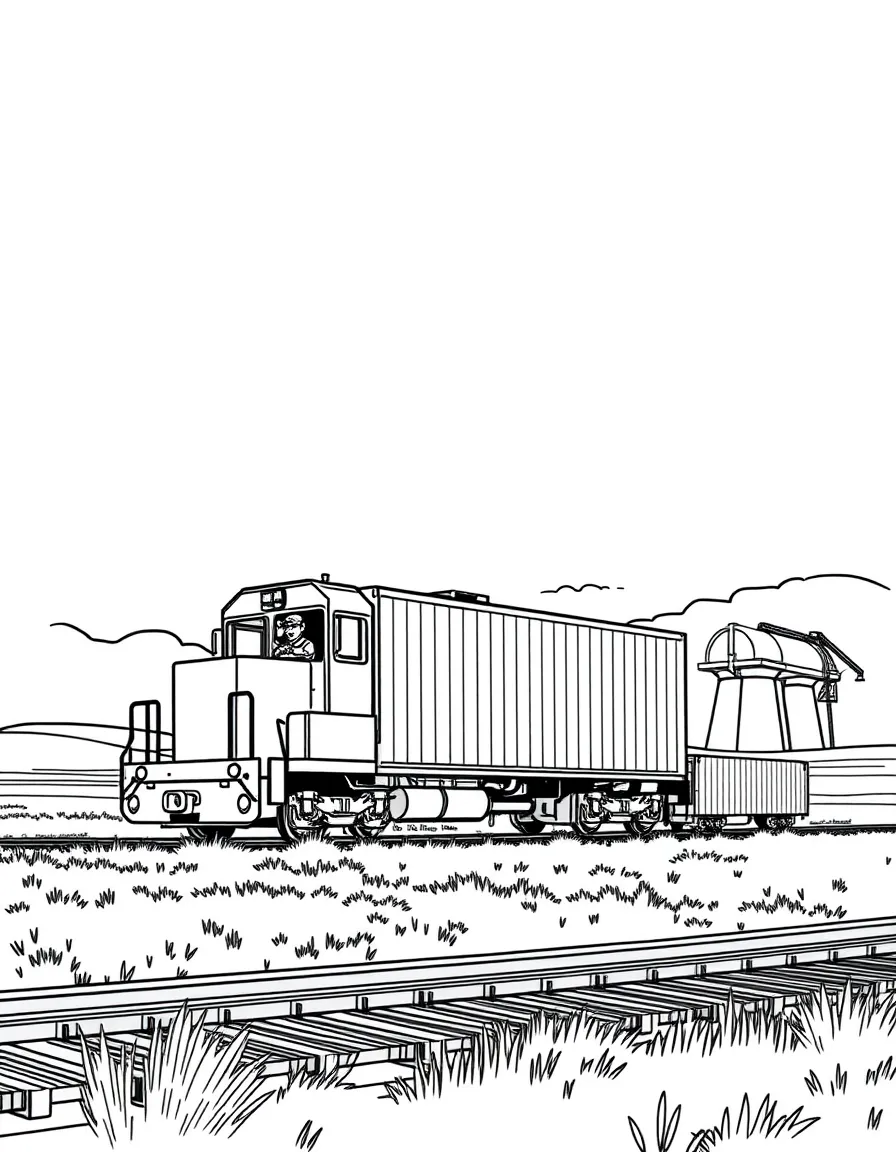 Freight train carrying cargo containers across prairie landscape with engineer in cab and grain elevators