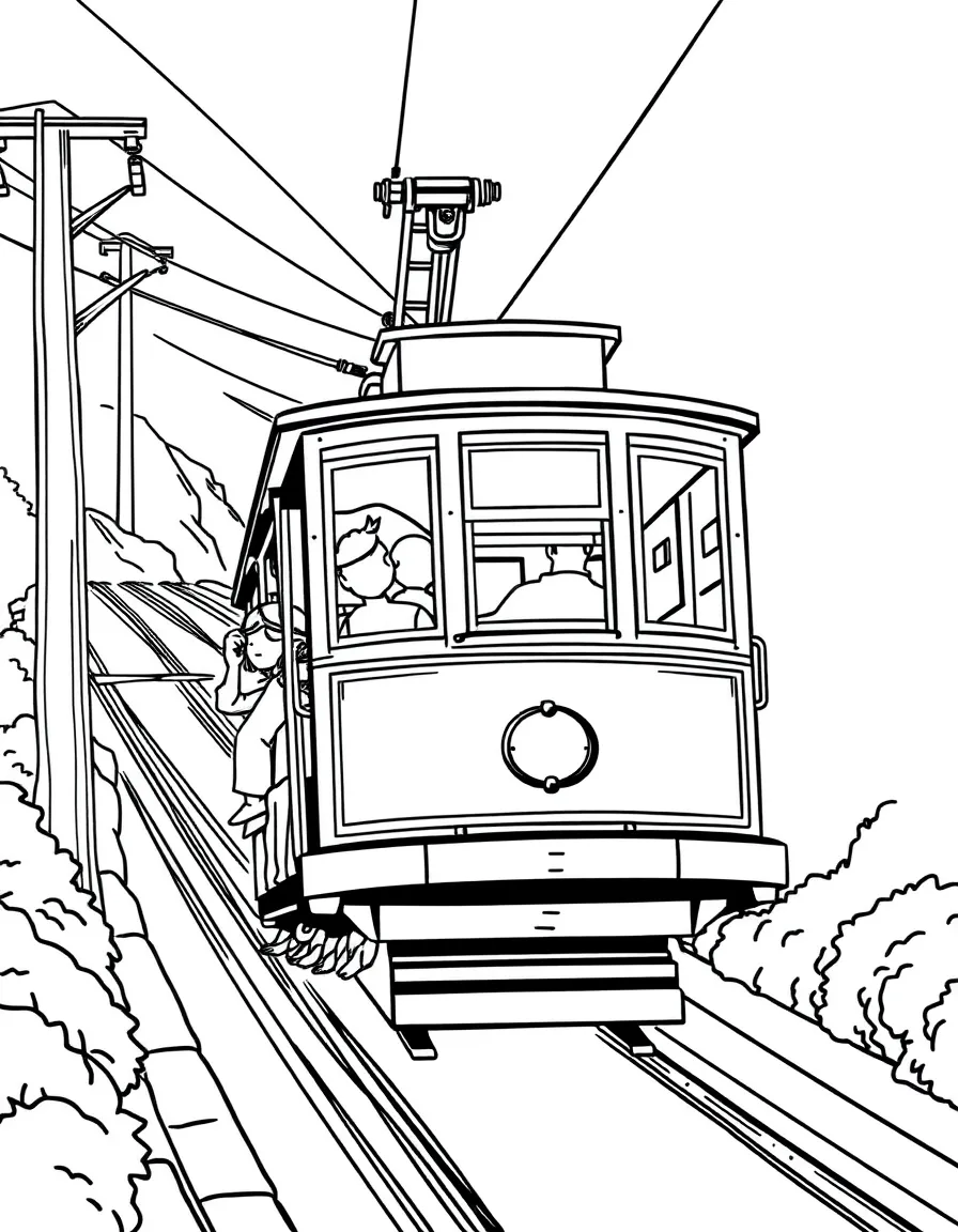 Trolley car climbing San Francisco hills with passengers hanging onto sides and cable car mechanisms